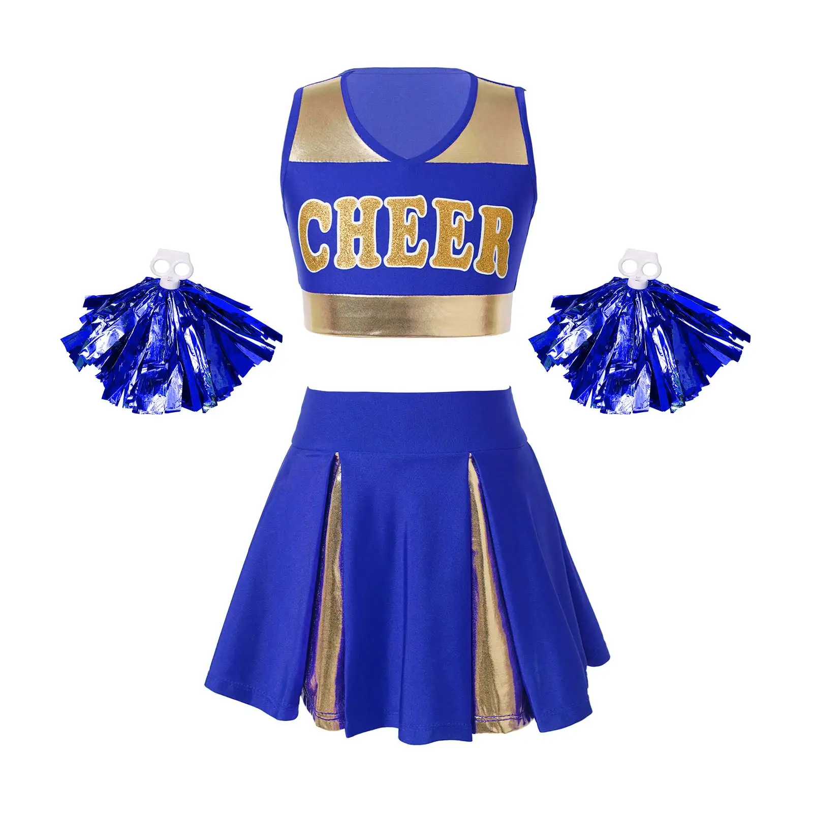 Kids Girls Cheerleader Uniform Dance Costumes Halter Mesh Patchwork Cheers Print Crop Top with Pleated Skirt and Pompoms Sets