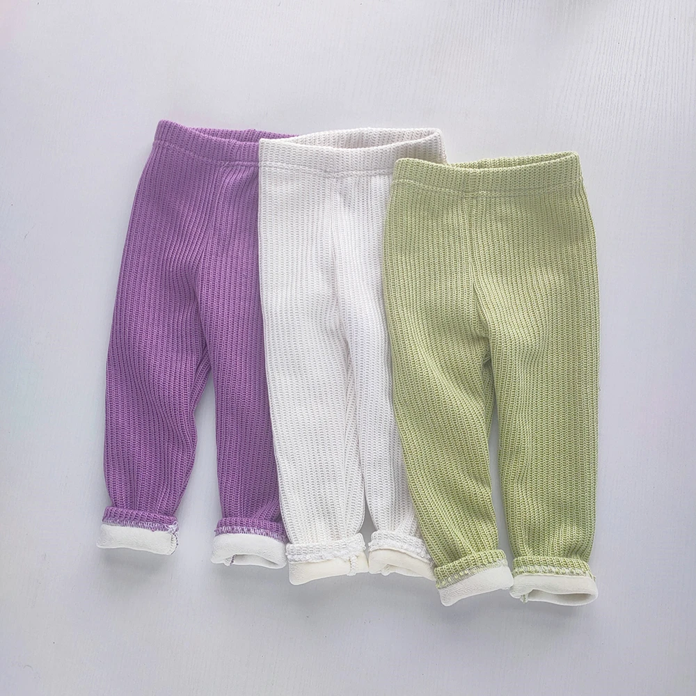 Baby Girls Ribbed Knit Pants Solid Color Cotton Warm Thicken Fleece Children's Trousers for Autumn Winter