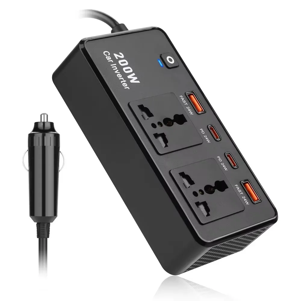 200W Car Power Inverter Socket DC 12V Cigarette Lighter To AC 220V General Automotive Adapter Booster w/ Double USB Type-C Port