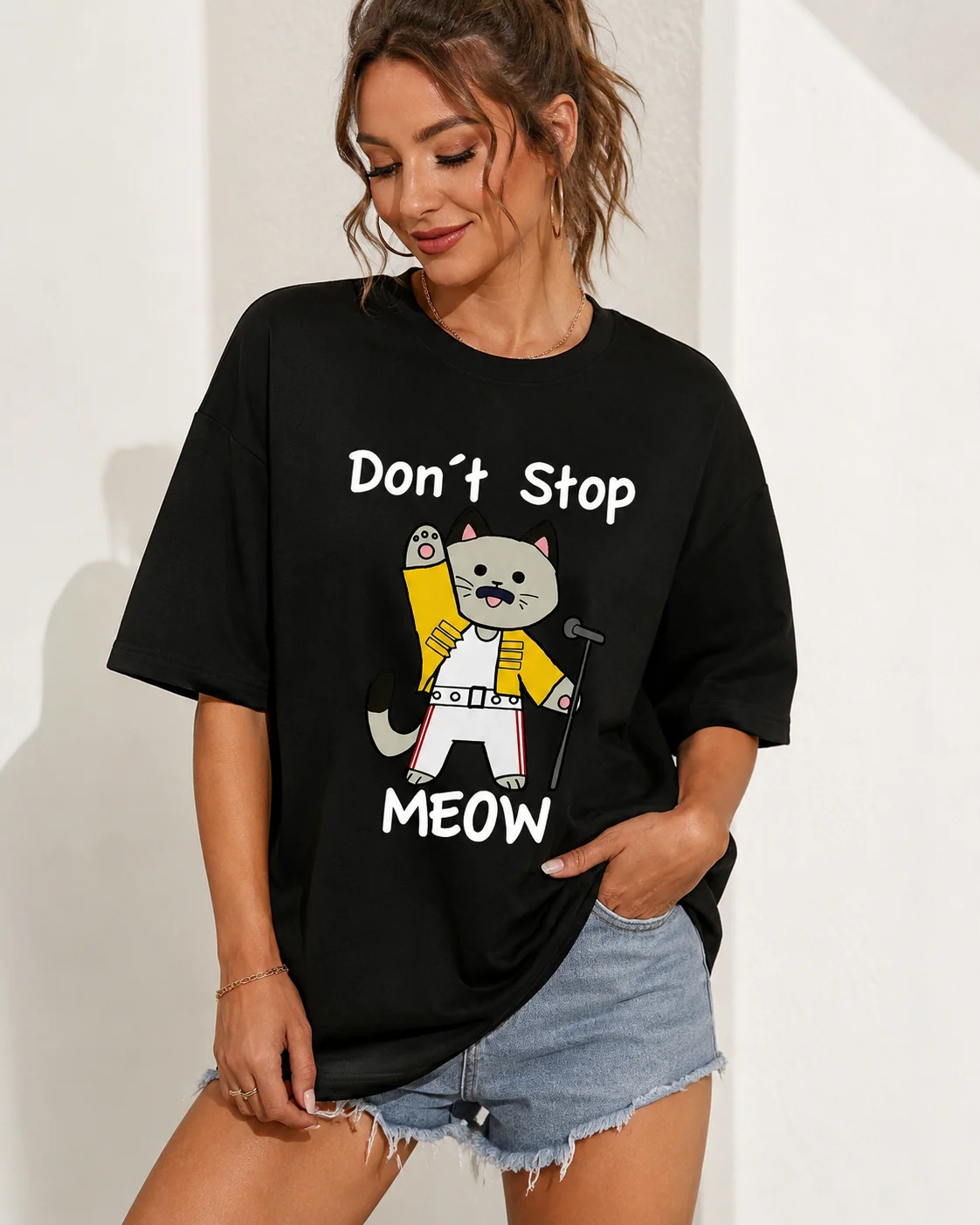 “Don't Stop Meow Women T-Shirt – Funny Cat Print T-Shirt for Women, Retro, Music, Cartoon, Casual, Short-Sleeve, Fashionable Top