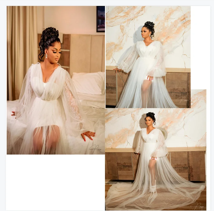 

White Women Wedding Prom Dress Sexy Lace Tulle V Neck Full Sleeves Bridal Evening Gown For Photo Shoot Mesh Customized Robe