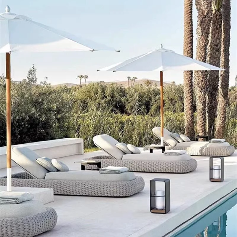 

High-end Nordic Woven Rope Rattan Outdoor Daybed for Courtyard Garden Villa Pool-Sun Lounger Single Bed Furniture
