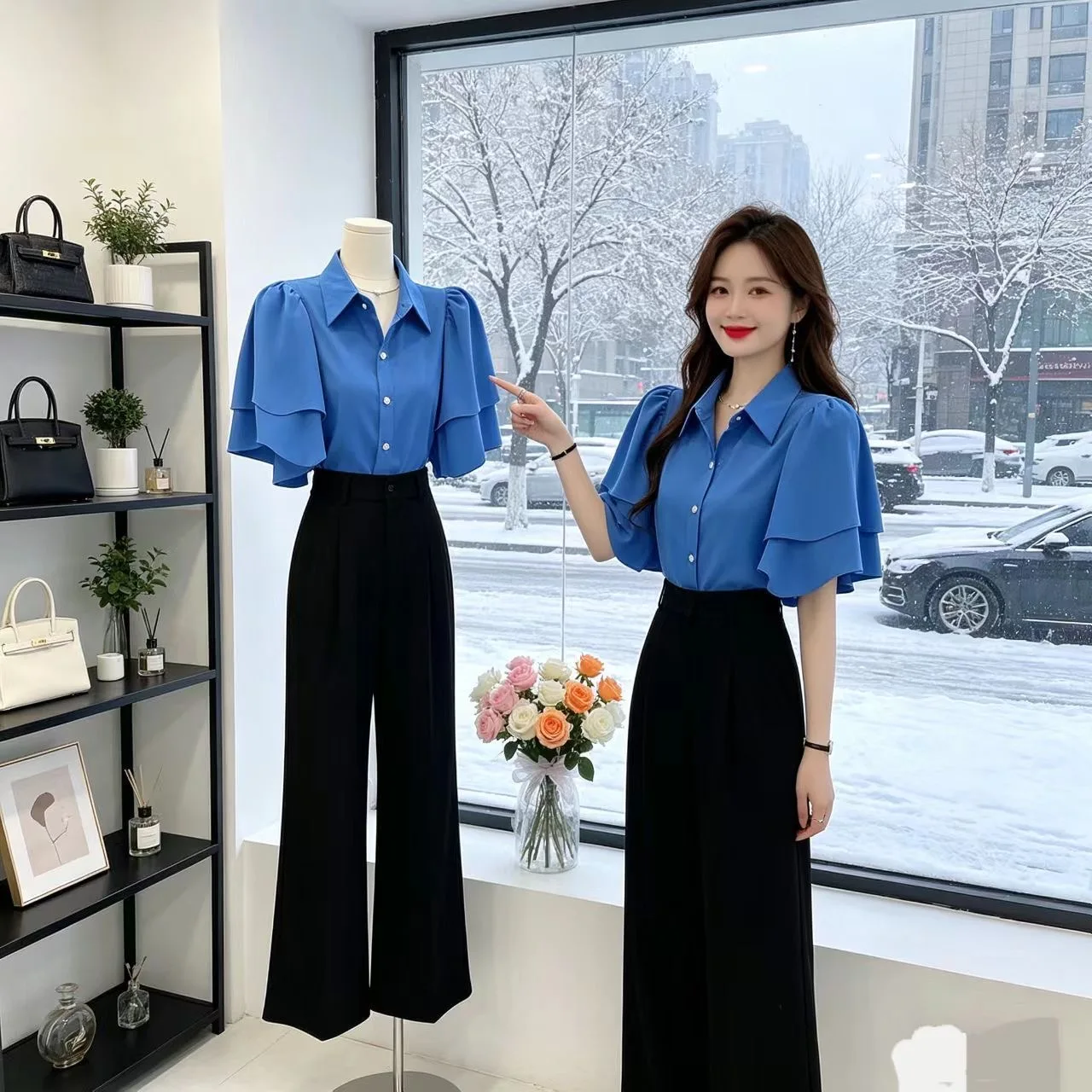 

Elegant Short Sleeve Women's Shirt Pure Color Flounce Hem Chiffon Blouse Collar Commute Style Slim Fit Polyester Fiber
