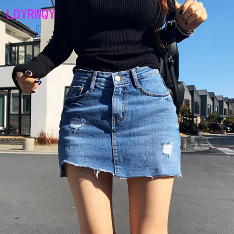 

Denim Skirt Women's Summer A-line Skirt Shape Worn out Lace Panel Anti glare High Waist Sexy