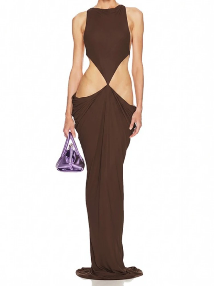 Foamlina Elegantes, einfarbiges, rückenfreies, drapiertes Maxikleid für Damen, ärmellos, mit dünnen Trägern, Cut-Out an der Taille, schmal geschnittenes Bodycon-Abendkleid