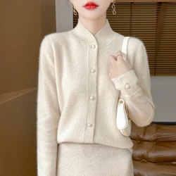 New Chinese stand collar new 100% Merino wool cardigan Autumn and winter vintage solid color sweater coat loose knit top