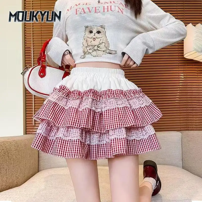 

Double-decker Cake Skirt Pleated Skirts Summer Elastic High Waist Short Skirt A-line Fluffy Skirt Sweet