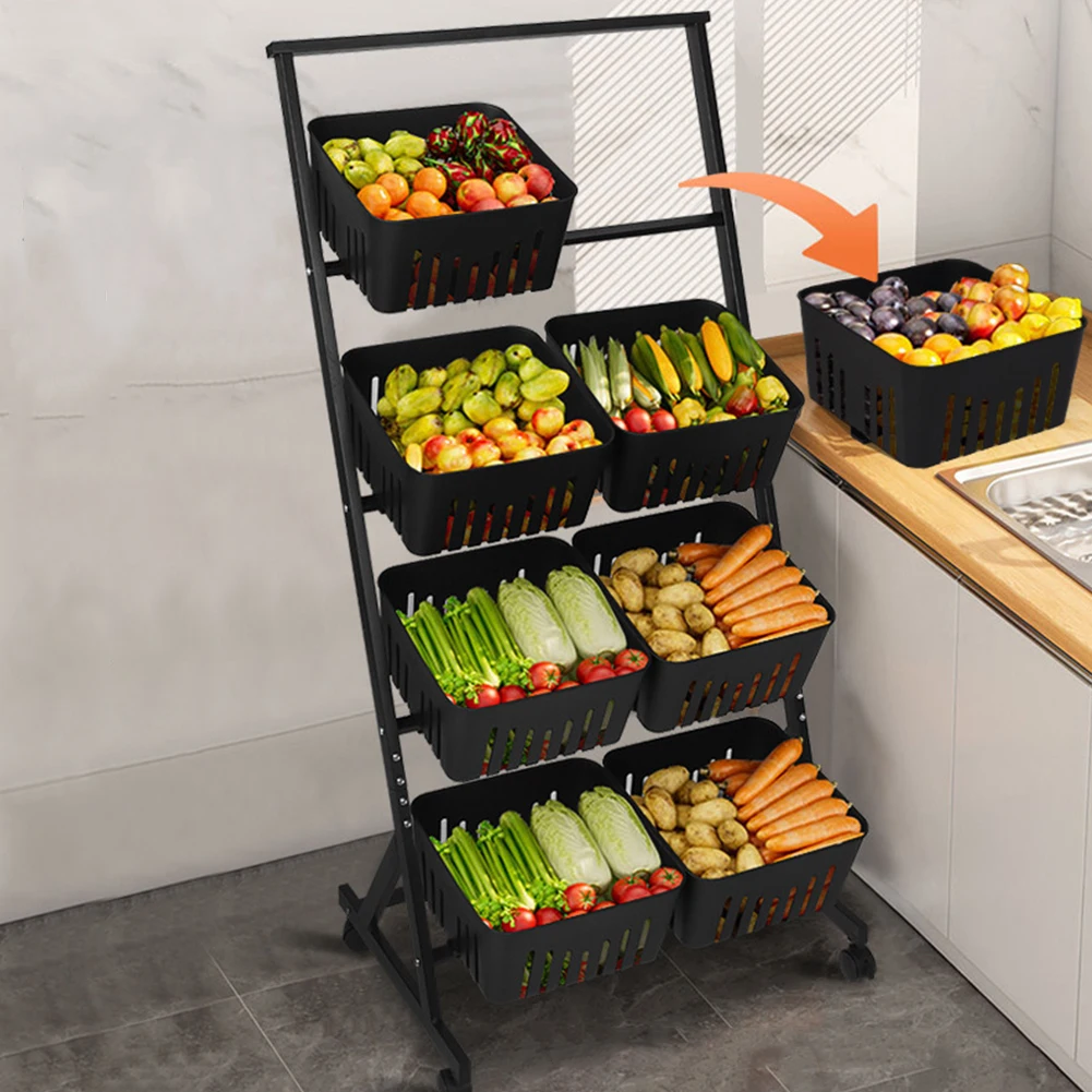 

4-Tier Fruit and Vegetable Basket with Rolling Wheels Vegetable Storage Rack W/Rolling Wheels for Pantry Bathroom Laundry Room