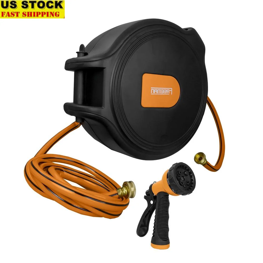 

Retractable Water Hose Reel 1/2in x 65ft with 8 Pattern Spray Nozzle Automatic Guide System Easy Storage 180 Degree Swivel