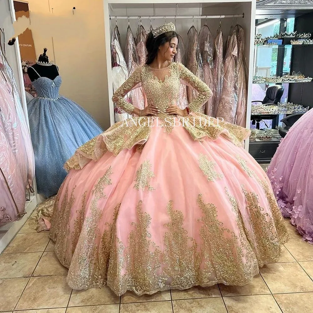 ANGELSBRIDEP Customized Luxury Ball Gown Quinceanera Dresses Formal Dress Long Sleeves Tiered Vestidos De 15 Años Quinceañeras