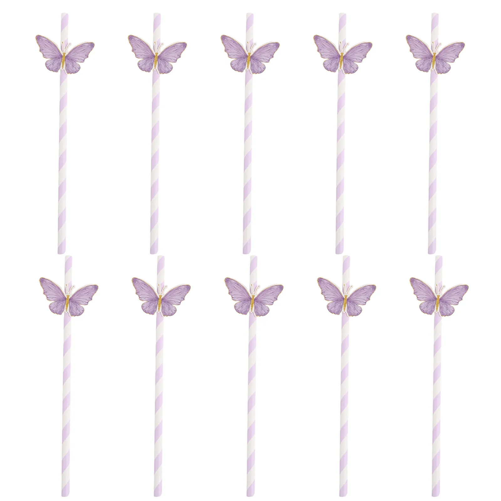 60Pcs Butterfly Themed Paper Straws Purple Colored Striped Drinking Straws Wedding Bachelorette Shower Party