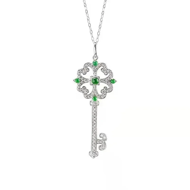 

Exquisite green Small Key necklace Natural Chalcedony Diamonds Shining snowflake Pendant Fashion clavicle chain jewelry