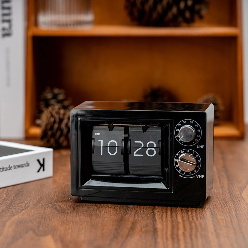 ABSS-TV-Shaped Flip Clock Retro Mechanical Desk Clock Classic Television Design Clock Orange