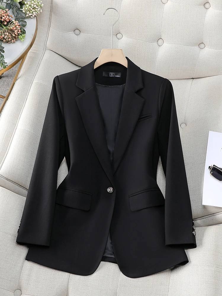 Fashion Autumn Winter Women Blazer Black Coffee Blue Female Long Sleeve Single Button Ladies Casual Jacket Coat