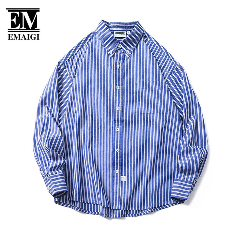 Japan Harajuku Stripe Long Sleeve Shirt Men Casual Young Cityboy Fashion Loose Casual Lapel Shirt Male Women Streetwear Shirt