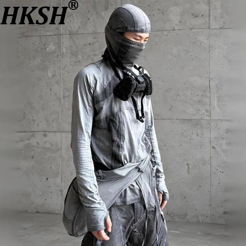 

HKSH Весна Осень Новые Мужчины Tide Chic Waste Land Лоскутная футболка с капюшоном Dirty Dye Ретро Тонкая футболка с длинным рукавом Ретро Топы Ins HK12750