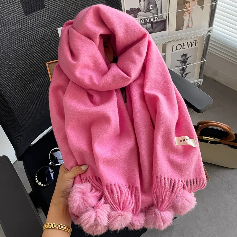 2024 Winter Scarf For Women Long Warm Cashmere Scarves Hijab Solid Lady Shawl Wrap Female Pashmina Bandana Hairball Scarfs New