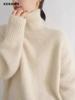 سترة نسائية منسوجة بياقة مدورة ، كم طويل ، بلوفرات فضفاضة ، فاخرة ، أحادية اللون ، أنيقة ، دافئة ، للمكتب ، بلوزة نسائية ، شتاء ،