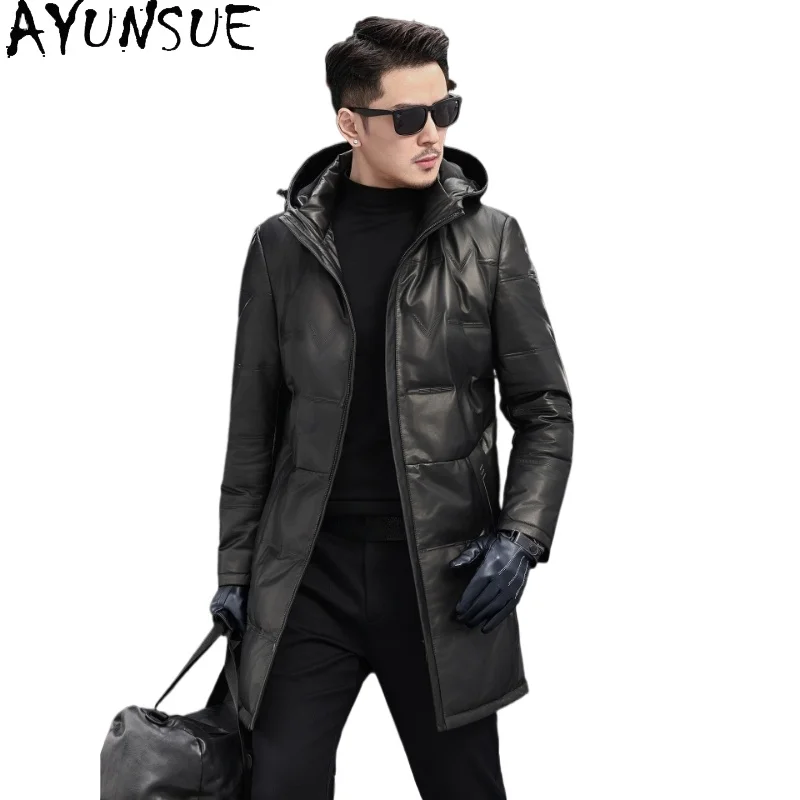 

Куртка AYUNSUE из 100% натуральной кожи, мужская, с капюшоном, зимняя, средней длины, с наполнителем из белого утиного пуха, из натуральной телячьей кожи, пуховик-тренч