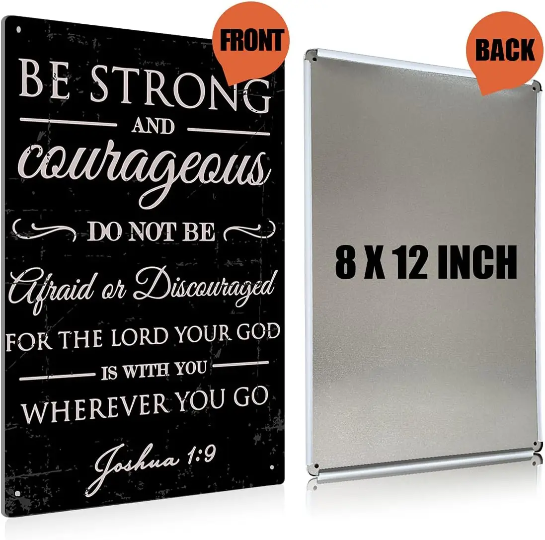 Vintage Be Strong and Courageous Metal Tin Sign Wall Bible Verse Art Decor - Retro Christian Sign for Home Living Room Decor Gif