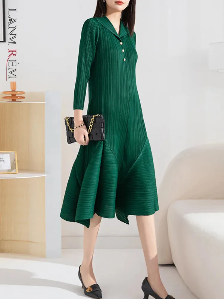 LANMREM Women's Mid-length Pleated Dress Lapel Collar Solid Color Large Size Fold Hem Ladies Elegant Clothing 2025 Spring 2YA541