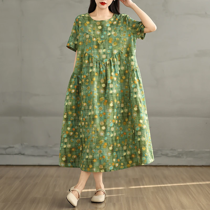 

Retro Cotton Linen round Ne ket ort Sve Midi Dr Women Loose Slimming A-Line Skirt Summer New Sle Commute Sle