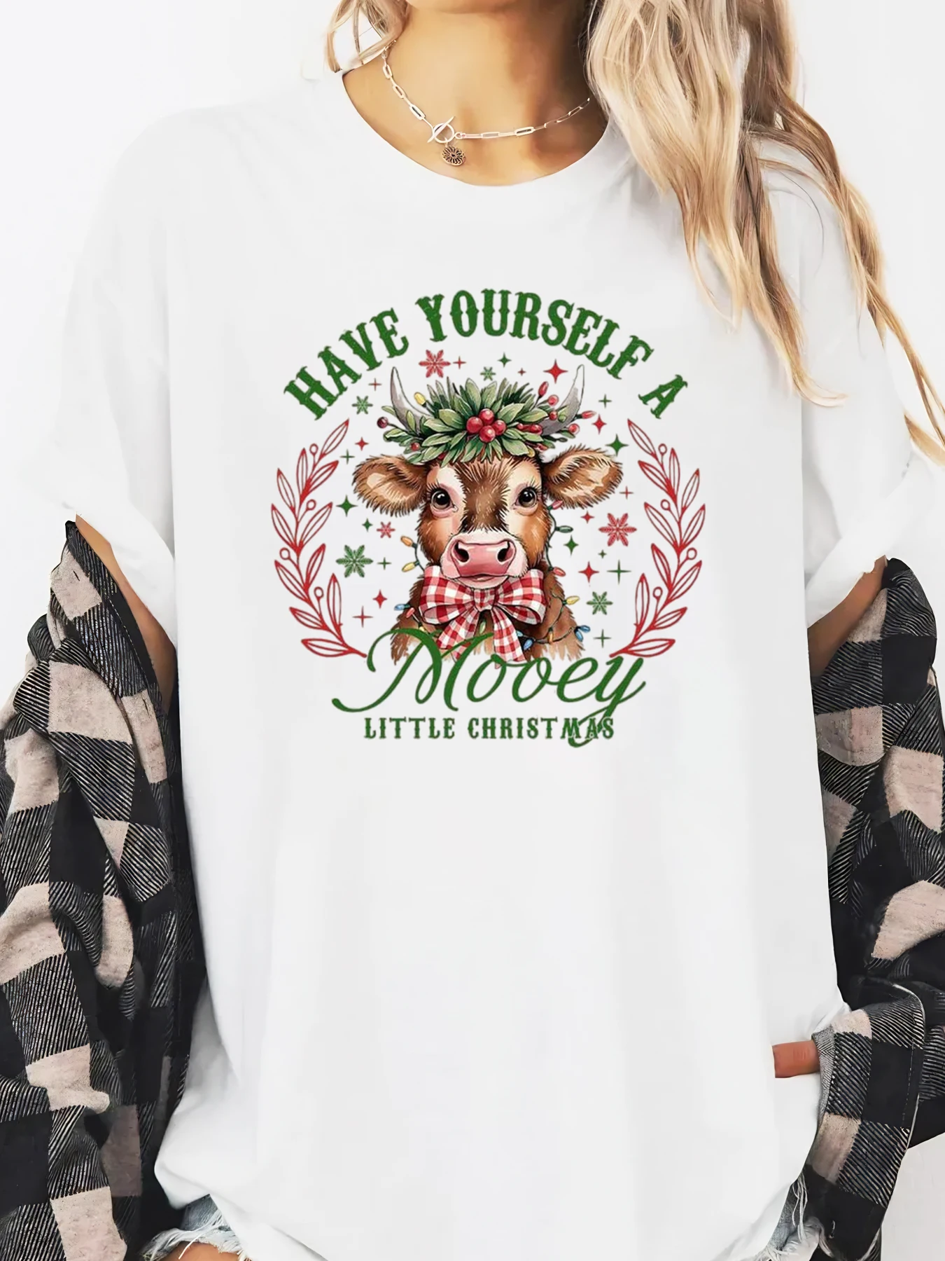 Koe Kerstprint Heb jezelf een moovey Little Christmas T-shirt met lange mouwen Dames Vakantiefeest Wit Plus-size