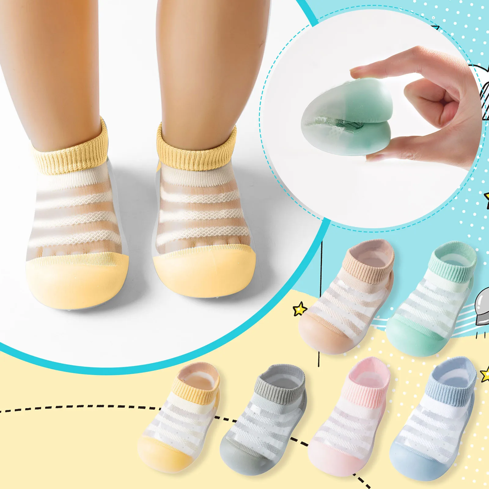 

Kids Toddler Anti-slip Socks Shoes Boys Girls Summer Mesh Striped Breathable Soft Sole Rubber Shoes Socks Slipper Anklet 5M-3Y