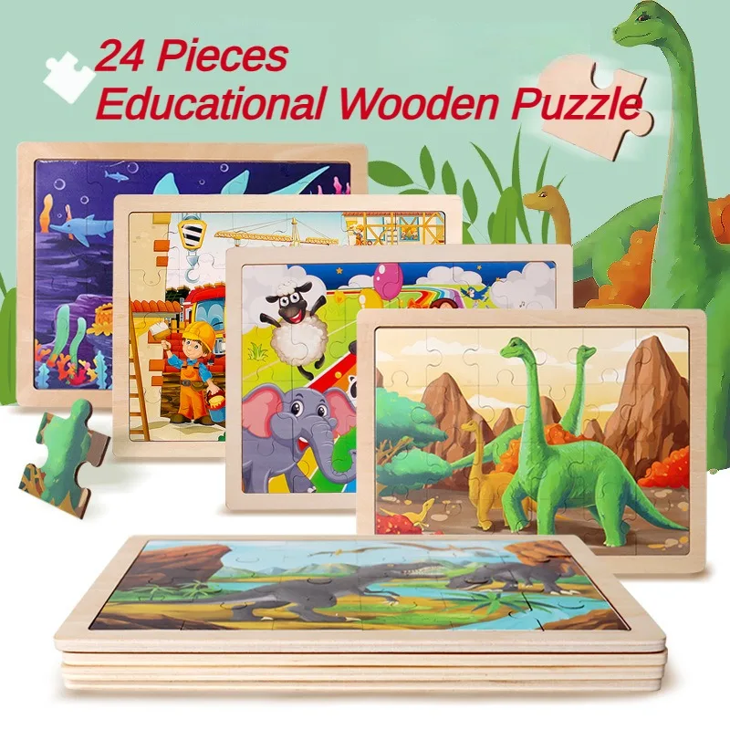 24 Pieces Wooden Puzzle for Kids Colorful Dinosaur Ocean Farm Theme Educational Family Interactive Safety Toy Board Game Gifts