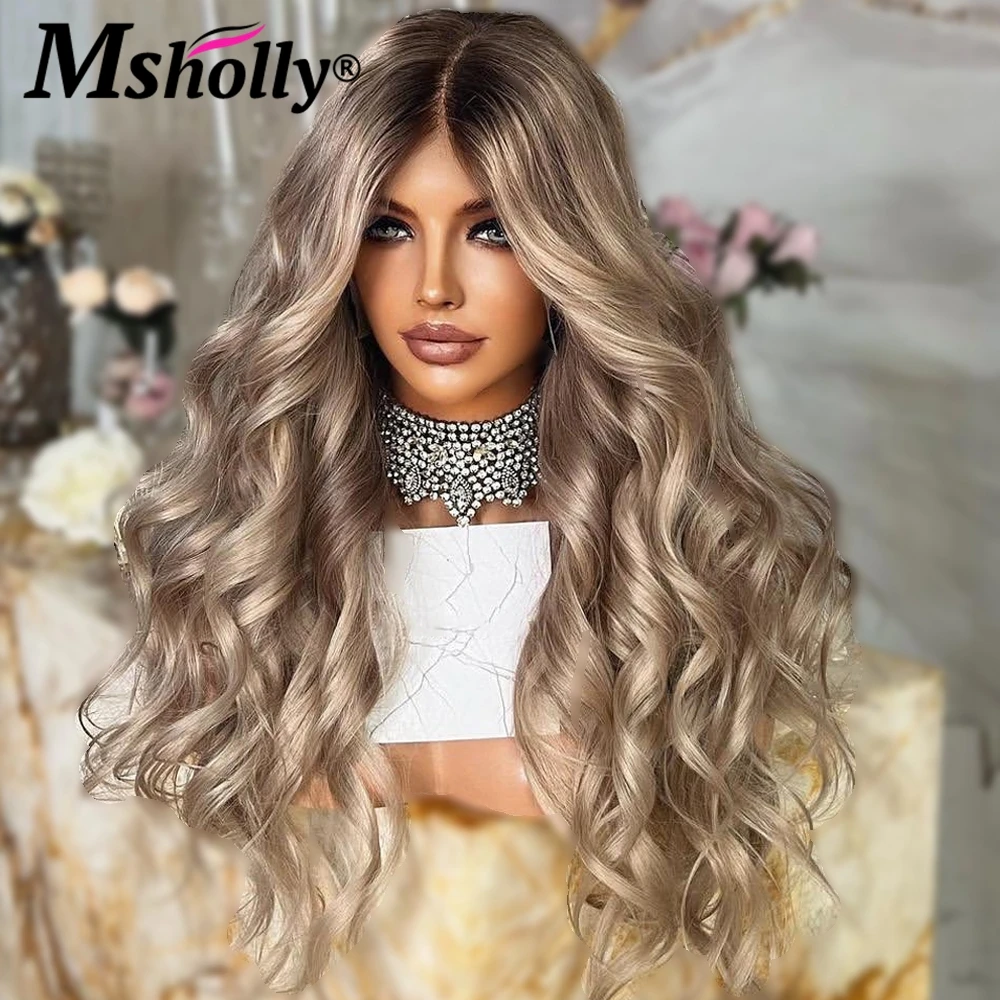 13X4 Lace Frontal Transparent Wig Ash Blonde Body Wave Lace Front Wig 180% Density Ombre Remy Human Hair Wigs Dark Roots Wigs