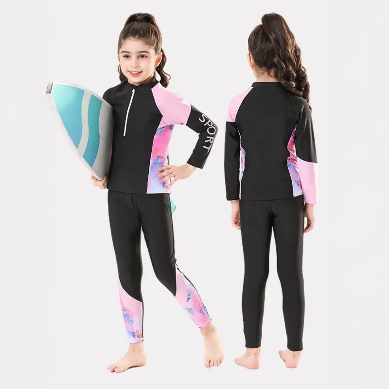 Kids Girls Swimsuits Long Sleeve Sun Protection Top And Pants Summer Breathable Two-Piece Beachwear Child Soft Bathing Suit