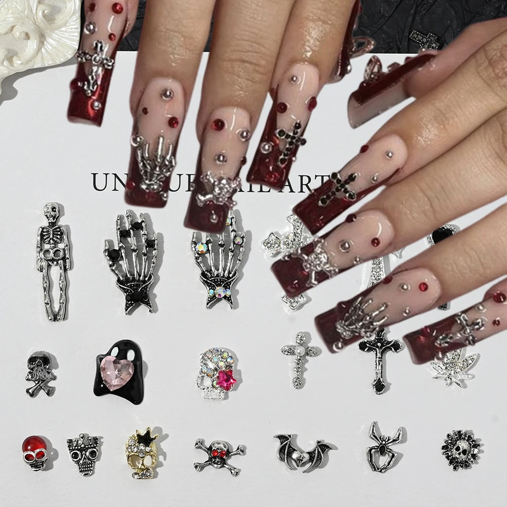 

10pcs/Bag Metal Skeleton Nail Charms for Halloween Alloy Skull Spider Cross Rhinestone Halloween Gothic Cool Nail Decor Charms