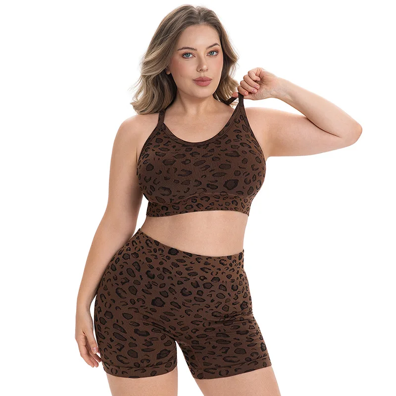 Women Plus Size Leopard Print Workout Set High Waist Tummy Control Shorts Padded Racerback Sports Bra 2PCS Gym Yoga Running Wear