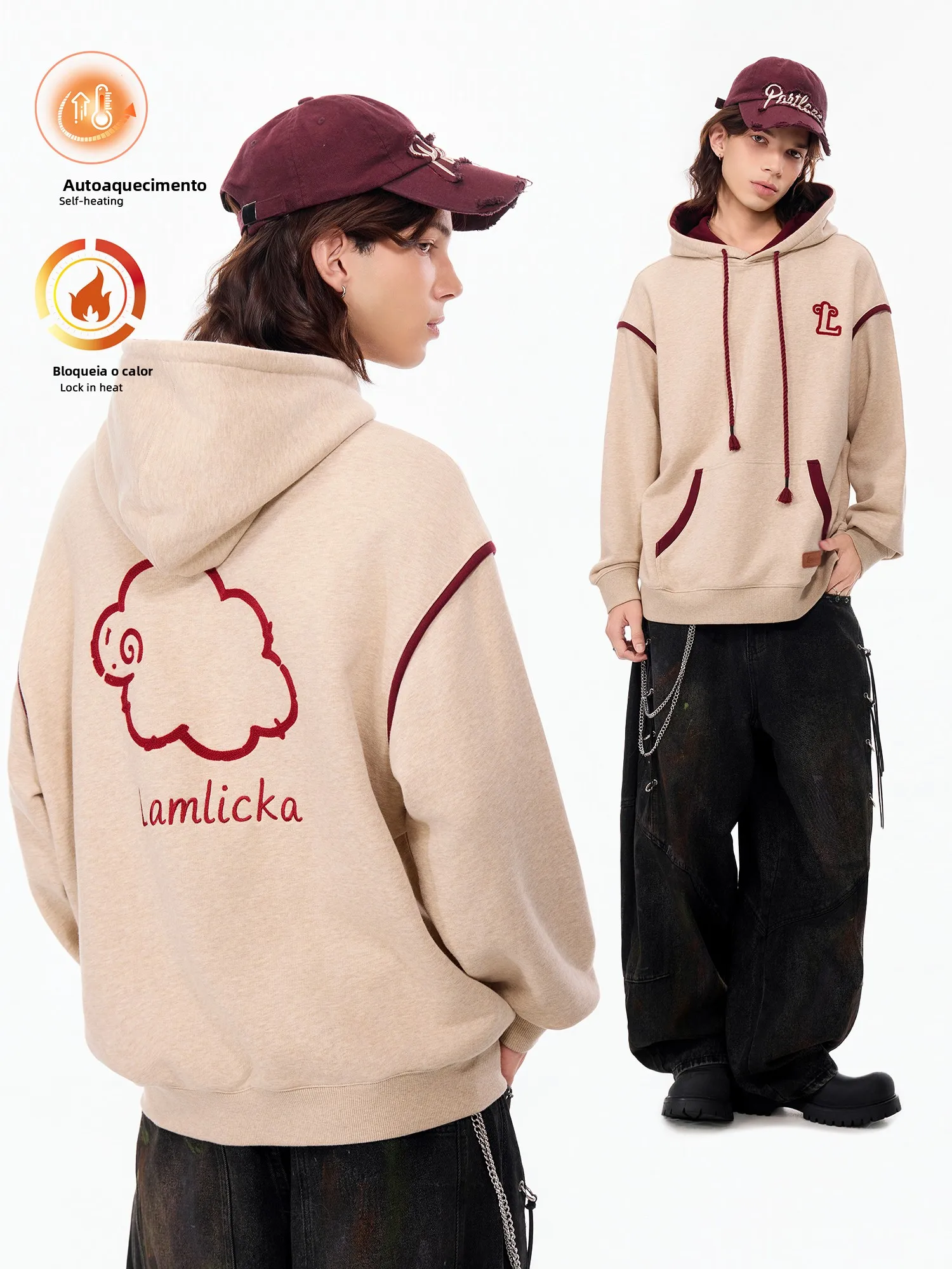 Moletom com Capuz LAMLICKA em Cores Contrastantes, Bordado, Casual, Ajuste Solto, Unissex, Moda Outono Inverno, Jaqueta para ...