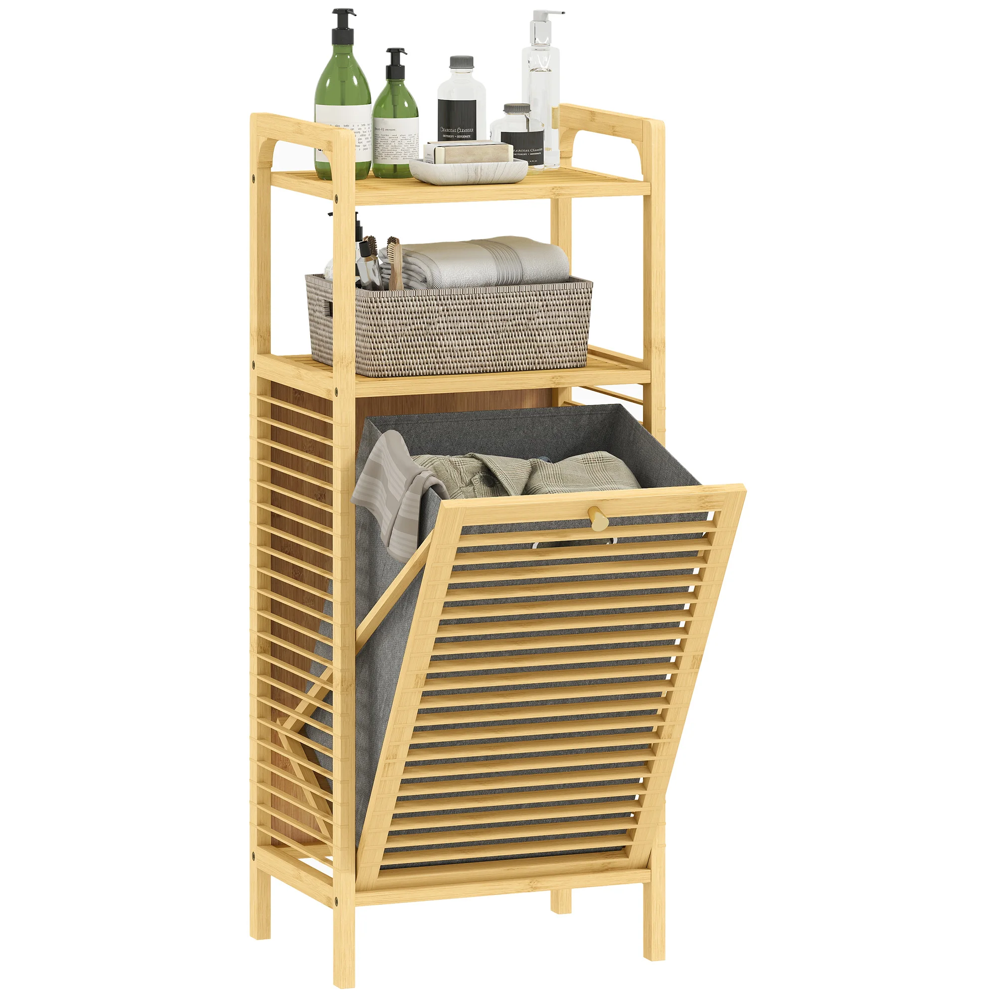 Mueble Ropa Sucia de Bambú 2 Bolsas de Ropa Extraíbles y Lavables con Asa 2 Estantes Abiertos 82x33x88 cm Natural