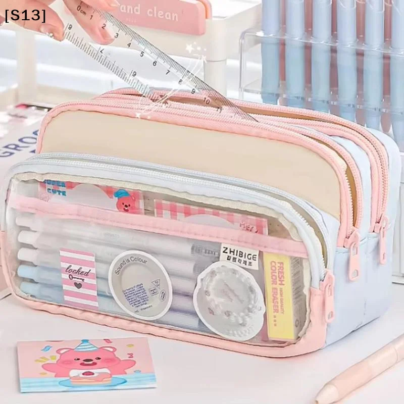 Color Block Pencil Case Transparent Large Capacity Creative Multifunctional Stationery Bag Japanese Style High Aesthetic[Q]Q@