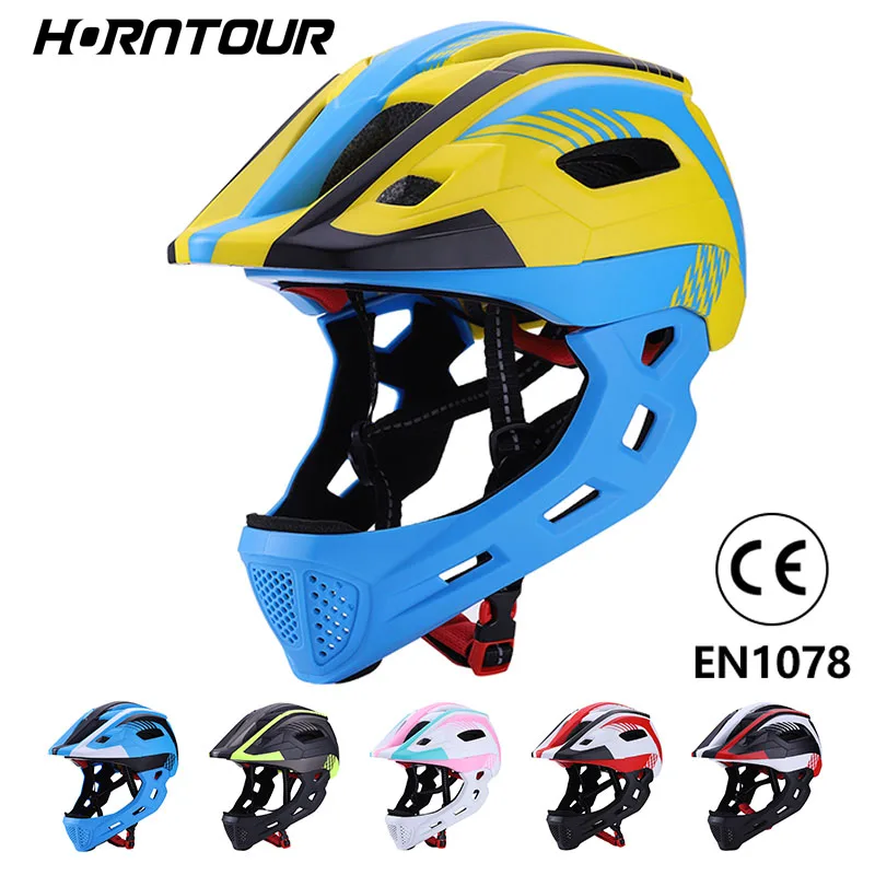 

Horntour Kids Full Face Bike Helmets with Rechargeable Taillights MTB Skateboard Detachable Chin Guard Children Bicycle Helmet