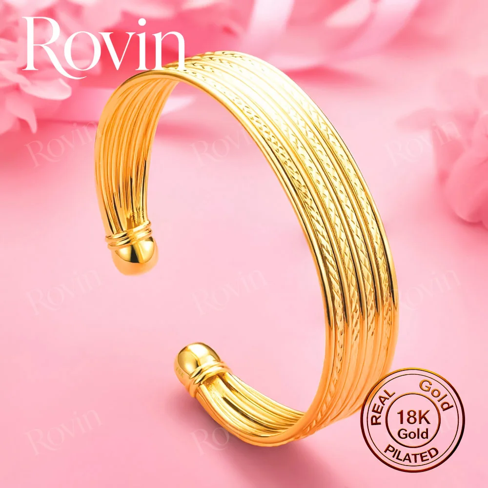 18K Gold Exquisite Multi-Layer Vertical-Ribbed Woven Open Bangle – Stylish Accessory for Women's Weddings and Parties