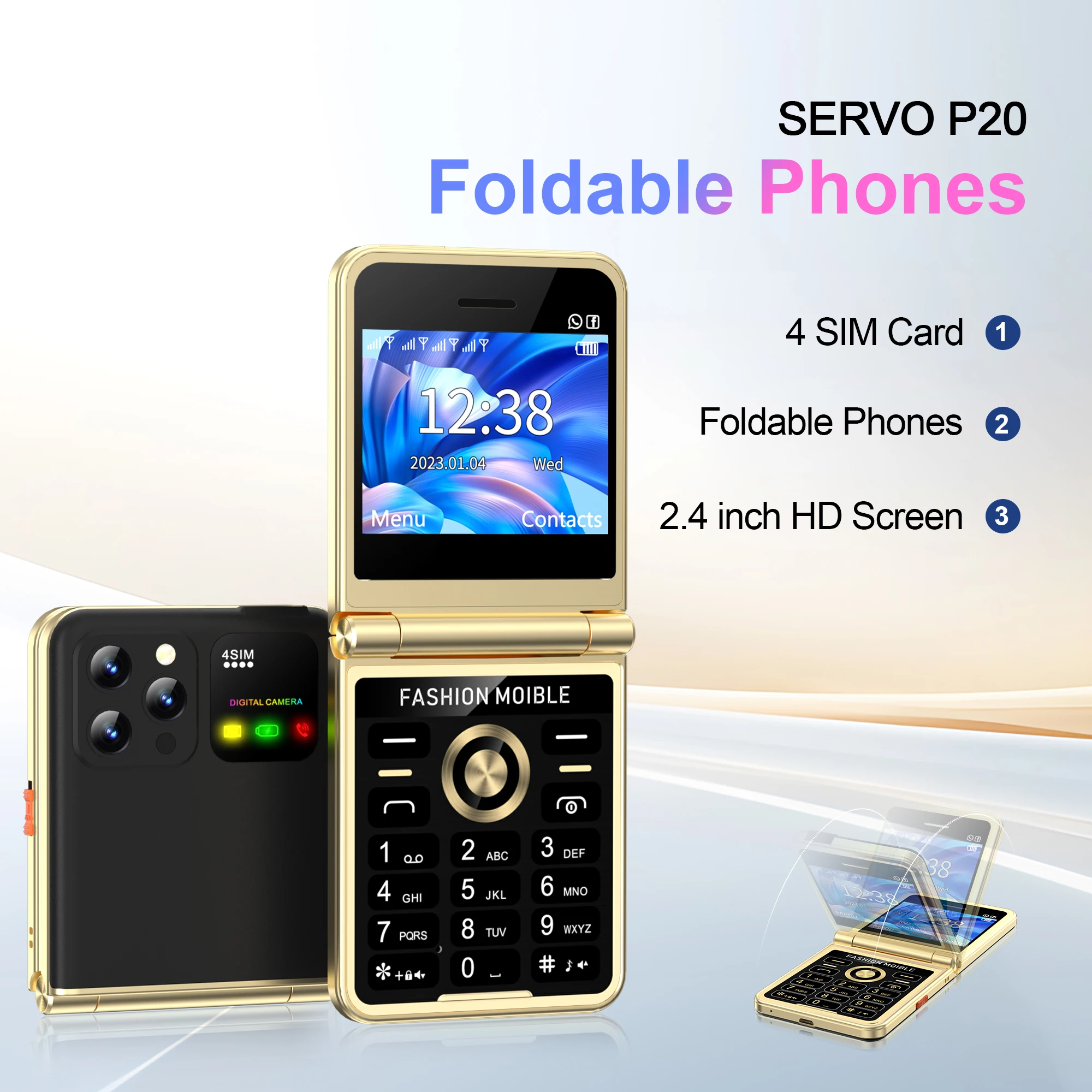 SERVO P20 Flip Mobile Phone 4 SIM Standby Flashlight Speed Dial FM Radio Magic Voice Call Recoding 2G GSM 2.4