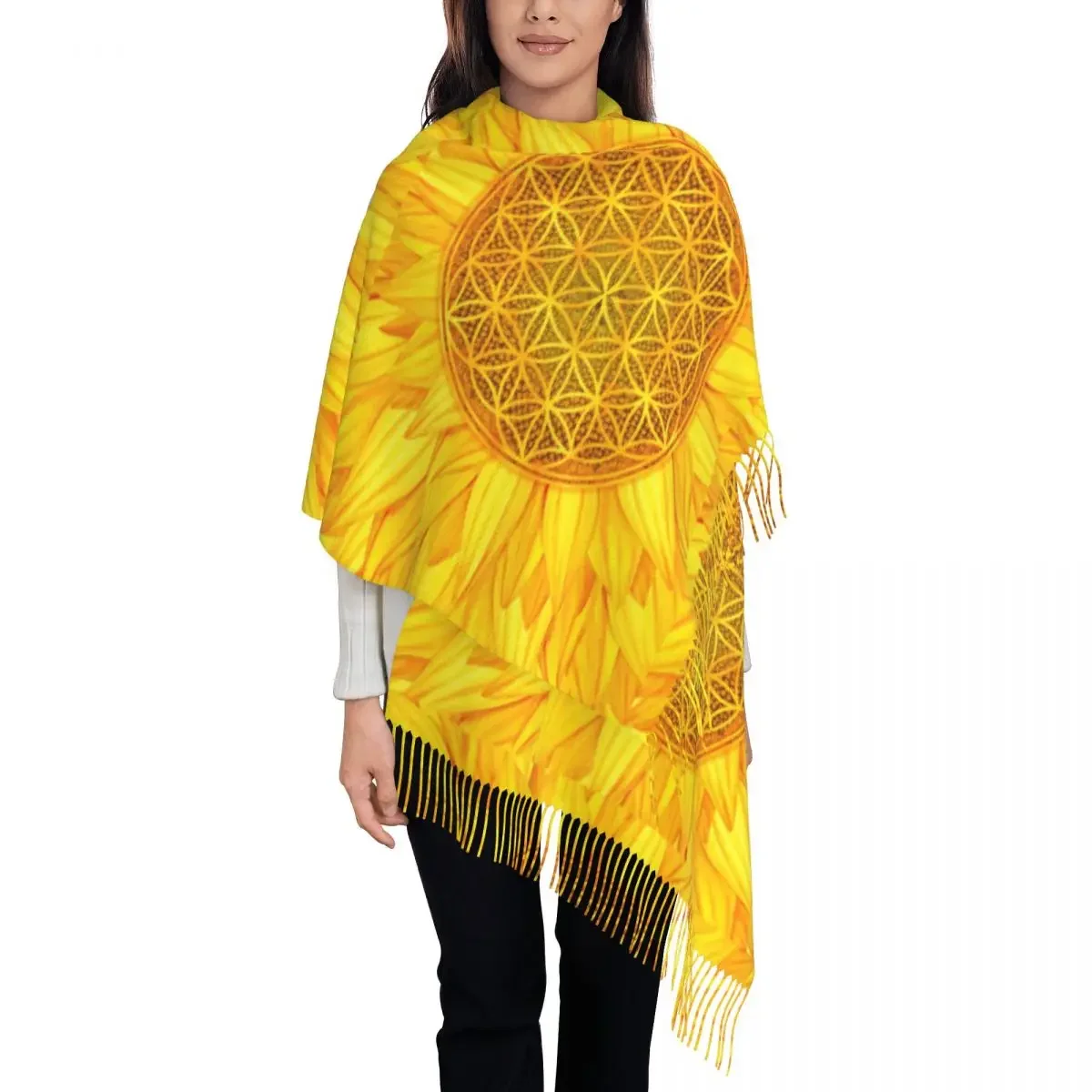 Flower Of Life Scarf Women Sunflower Headwear Scarves with Tassel Winter Vintage Shawls and Wrap Warm Soft Custom Bandana