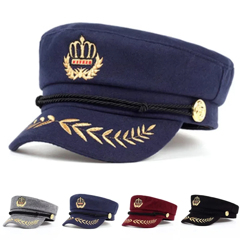 Unisex Krone Weizenähren Marine-Mütze Frühling Herbst Matrosenhüte Herren Flache Kapitänsmütze Militärkappen Damen Große Schwarze Baskenmützen