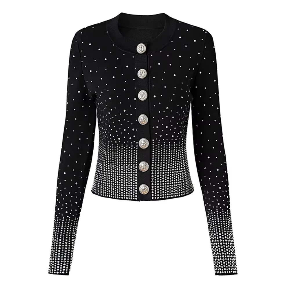 New Autumn Luxury Shining Stones Party Design Black Knitting Stretchy Bling Street Sweater High Quality