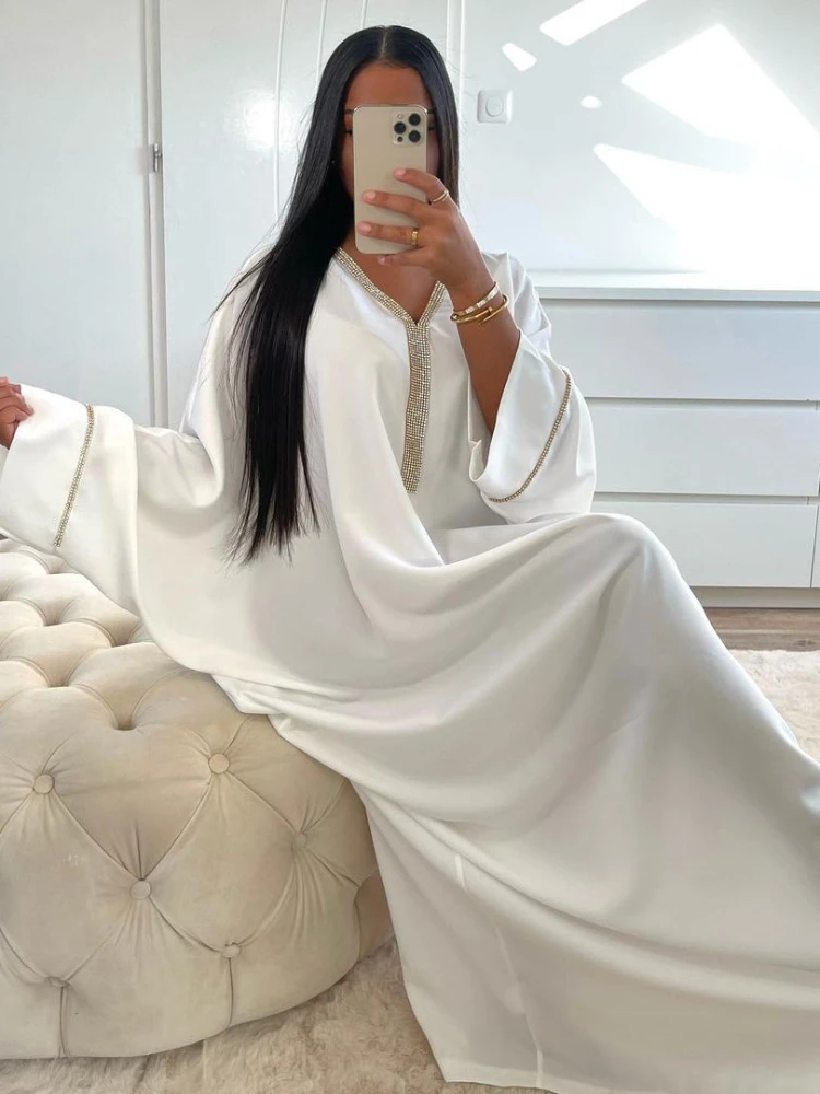 Eid Muslim Long Dress Women Bat Sleeve Caftan Abaya Satin Robe Party Abayas Ramadan V Neck Kaftan Caftan Jalabiya 2023