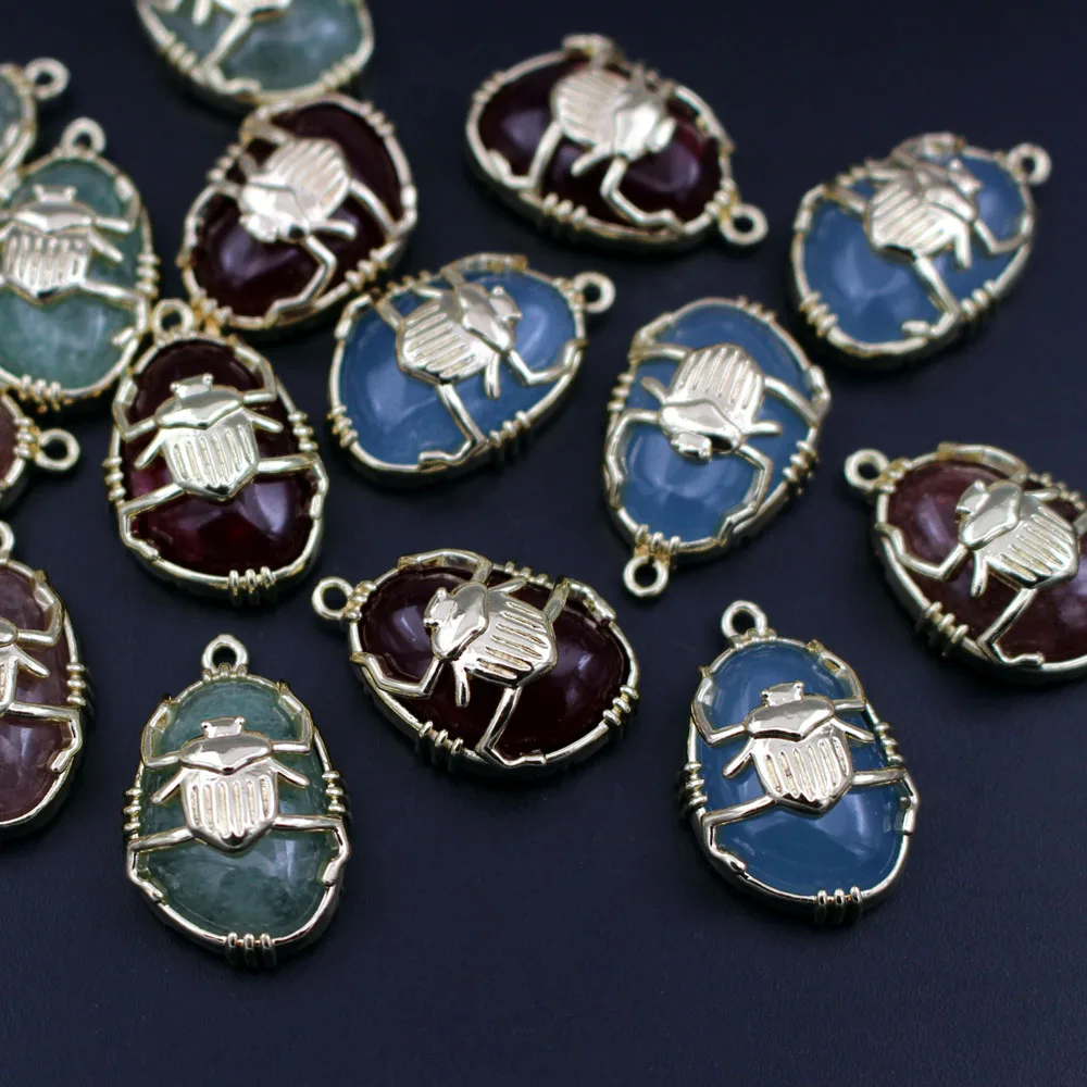6pcs Faceted Natural Blue Red Green Quartz Stone Insect Pendant Charms DIY for Women Chain Necklace Making