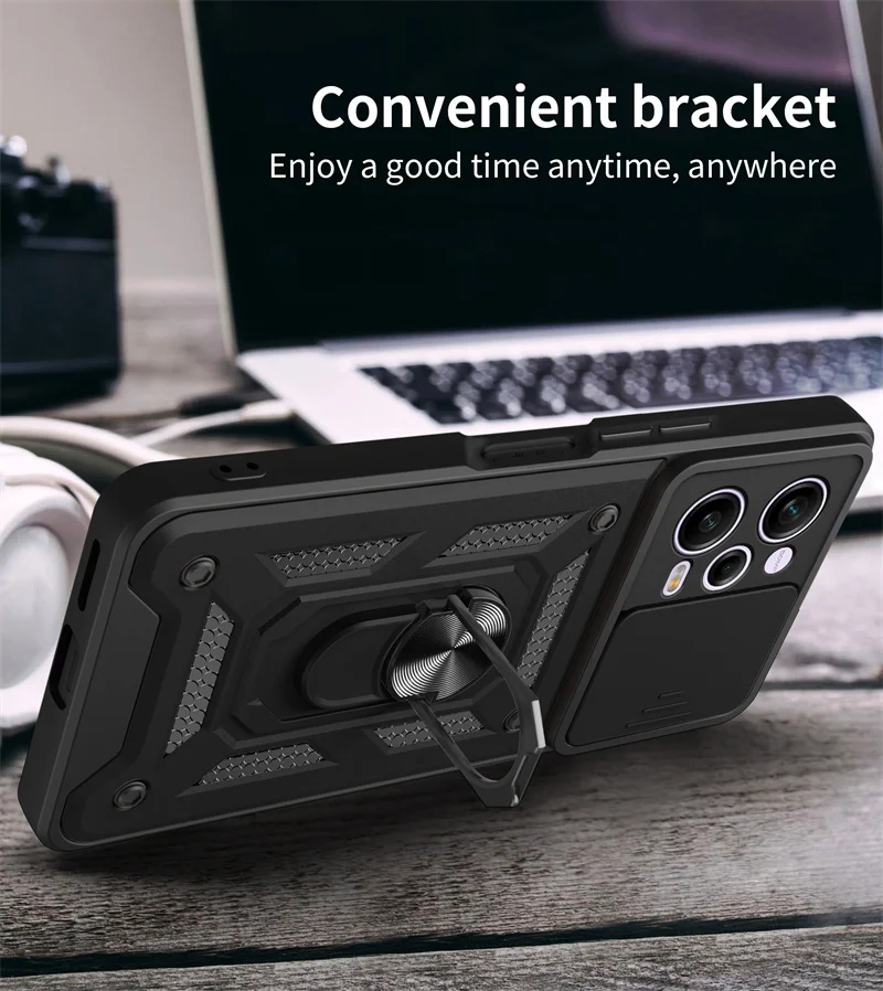 Shockproof Slide Lens Armor Funda For Xiaomi Redmi Note 12 Pro Plus 12S Note12 4G 5G Case Ring Stand Back Cover for Redmi 12 12C view 5
