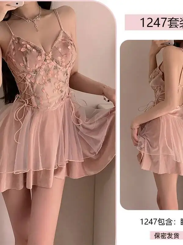 Sexy fluwelen nachthemd kant borduurwerk erotische vetersluiting slanke beugel push-up plus size nachtjapon jurk elegant 2025, nieuwe LIY8