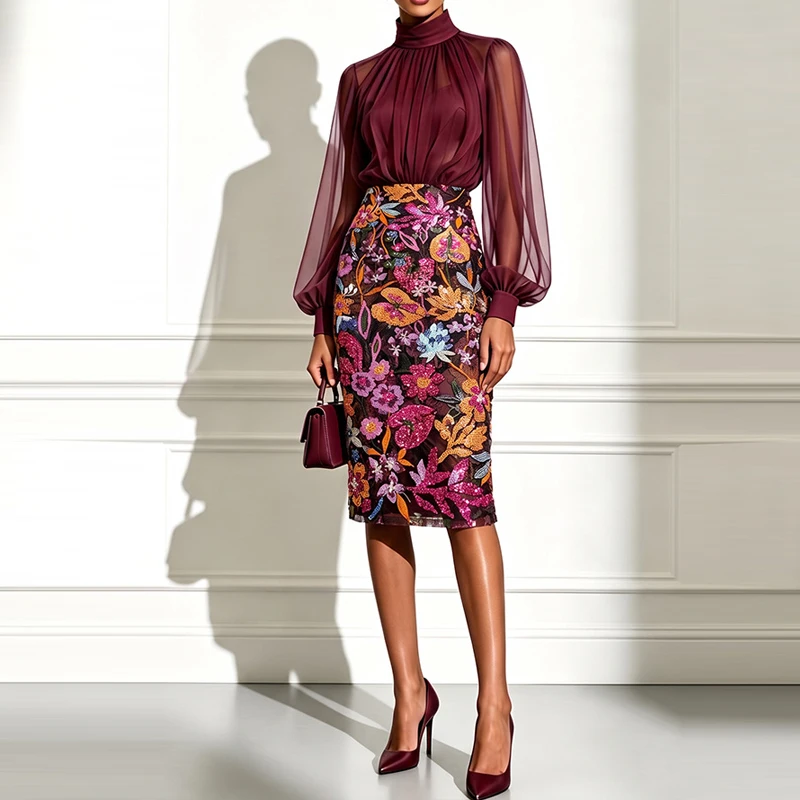 Midi Skirt Floral - Ensemble élégant composé d’une blouse en