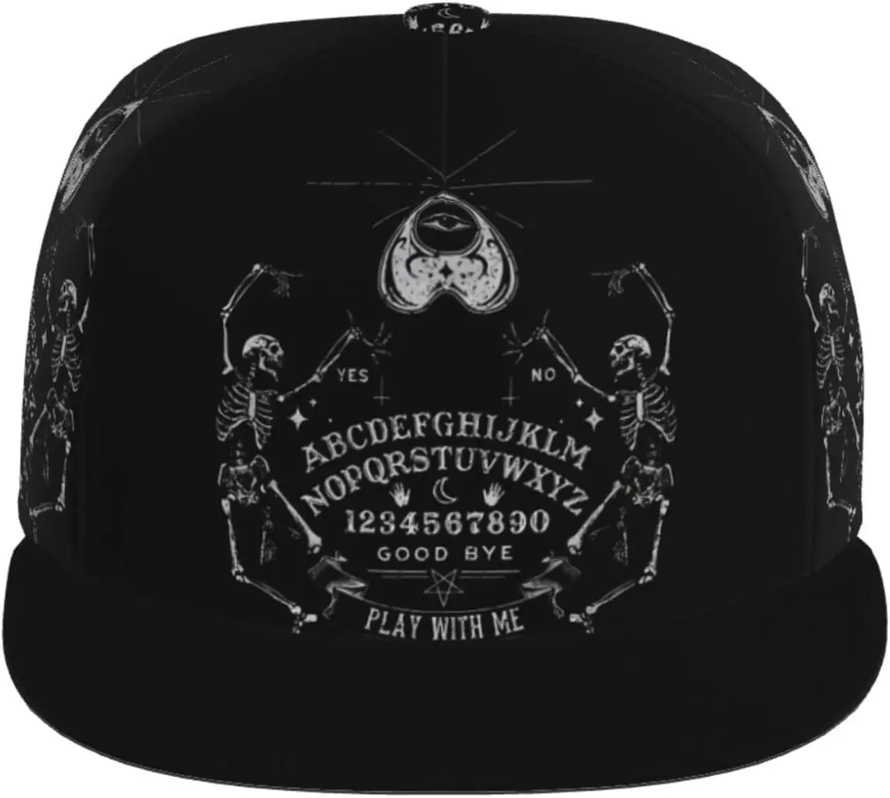 Vintage Skeleton Magic Ouija Pattern Flat Bill Hat, Unisex Snapback Baseball Cap Hip Hop Style Flat Visor Blank Adjustabl