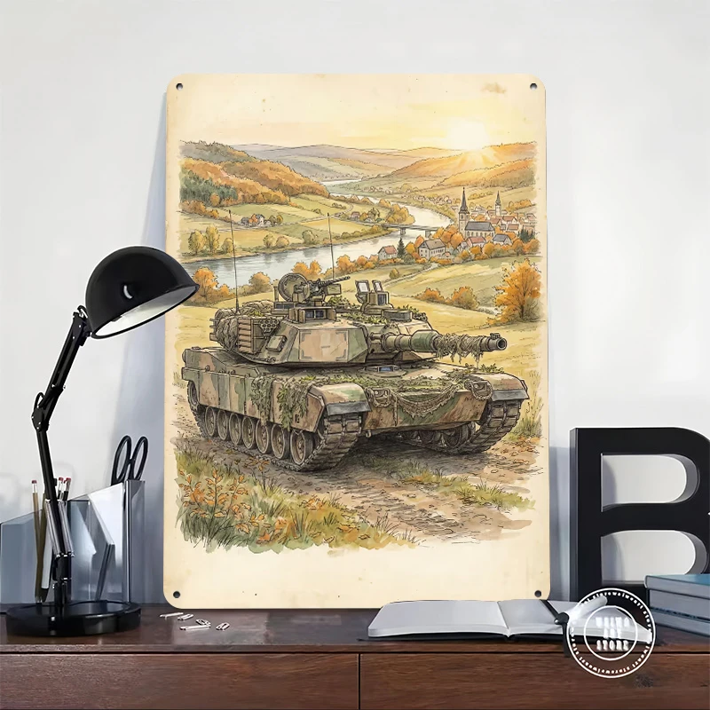 Camouflaged Tank in Autumn Landscape Printed Poster Customized Wall Art Retro Vintage Metal Tin Signs for Modern Home Decoration