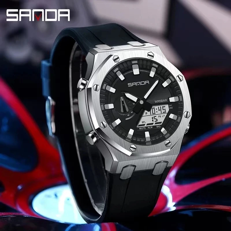 SANDA 3309 Men\'s Watch New Model Analog Digital Pointer Outdoor Sports Waterproof Luminous Alarm Mode Electronic WristWatches